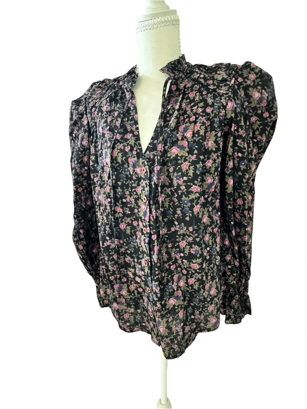 Free People Meant to Be Floral Tie Neck Puff Sleeve Blouse Black Pink XS Boho